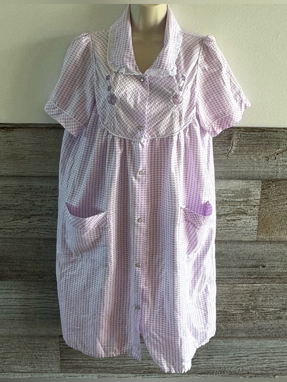 Vintage Lati Fashion Lavender Gingham House Dress PocketSnap Cottagecore M (L1)